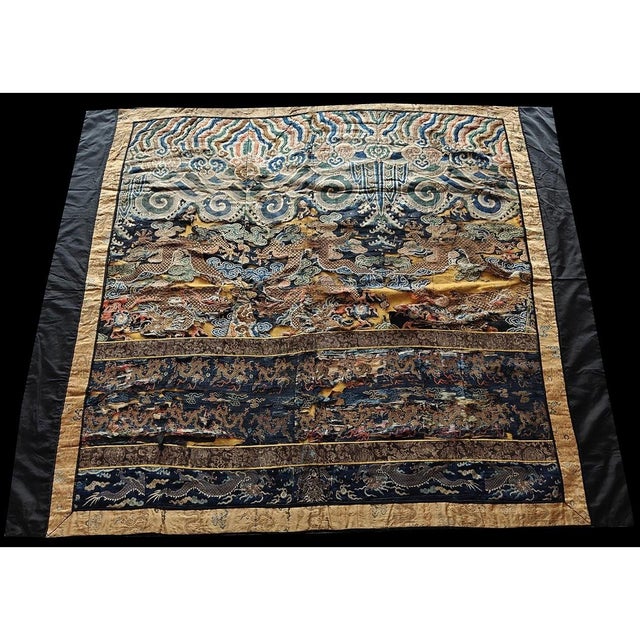 Early 19th Century 1800s Antique Ruyi Clouds Allover Chinese Square Textile Blue Rug For Sale - Image 5 of 9