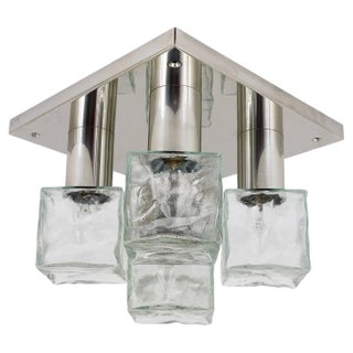 Square Flush Mount Ceiling Lamp with Five Ice Glass Cubes attributed to J. T. Kalmar for Kalmar, Austria, 1960s For Sale