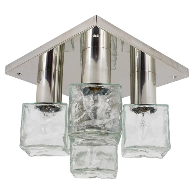 Square Flush Mount Ceiling Lamp with Five Ice Glass Cubes attributed to J. T. Kalmar for Kalmar, Austria, 1960s For Sale
