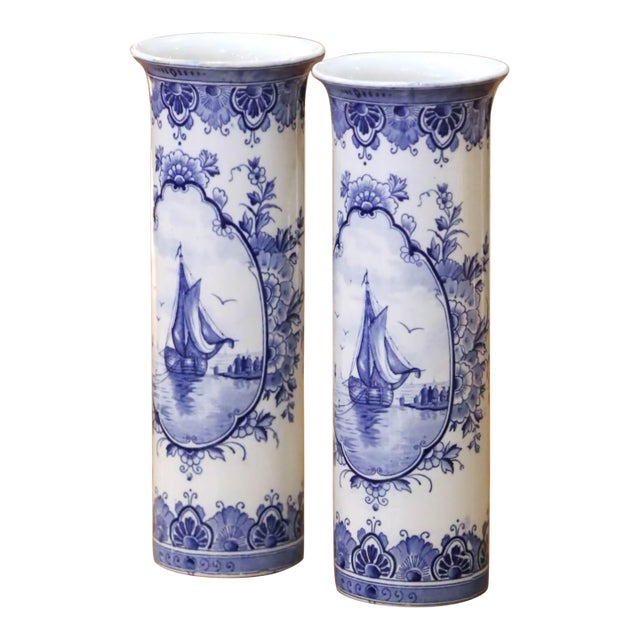 Pair of Early 20th Century Dutch Delft Faience Vases With Sailboat Scenes For Sale