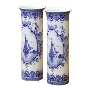 Pair of Early 20th Century Dutch Delft Faience Vases With Sailboat Scenes