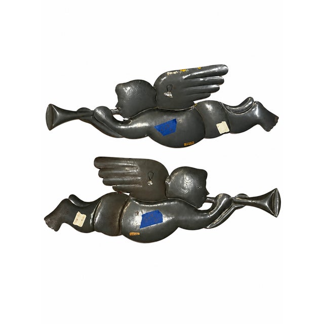 Vintage Painted Tin Trumpeting Angels in Mexican Folk Art Style — Pair For Sale - Image 9 of 10