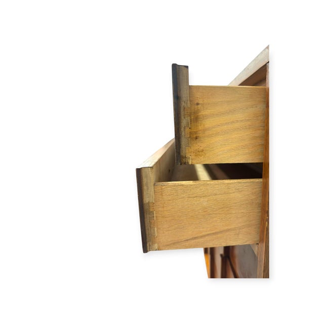 Vintage Mid-Century Modern Highboy Dresser Dovetailed Drawers Brass Finished Pulls. For Sale - Image 11 of 12