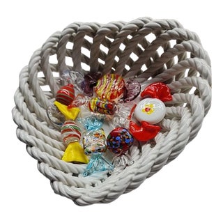 1960s Italian Braided Ceramic Heart Dish With Murano Blown Glass Candies - 8 Piece Set For Sale