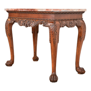 Baker Furniture Chippendale Carved Walnut and Marble Top Console Table With Paw Feet