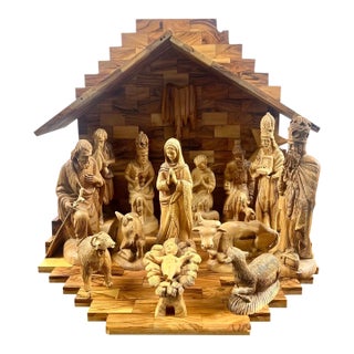 Religious Hand Carved Olive Wood Nativity Set With Stable, Holy Family, Wise Men For Sale