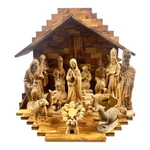 Religious Hand Carved Olive Wood Nativity Set With Stable, Holy Family, Wise Men