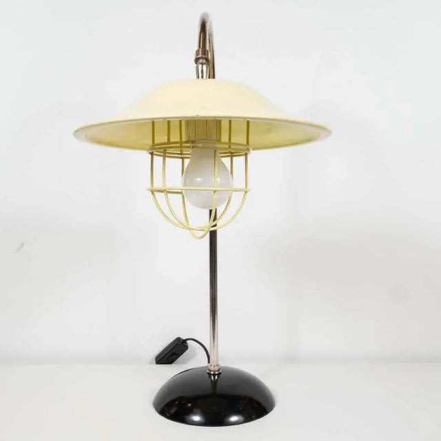 Black French Mid-Century Modern Chrome and Lemon Cream and Black Enamel Table Lamp For Sale - Image 8 of 12