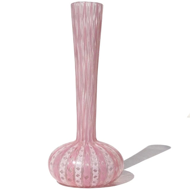 Beautiful vintage Murano hand blown pink and white ribbons Italian art glass soliflore flower vase. The piece is...