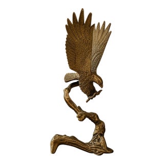 Vintage Brass Eagle Sculpture on Driftwood Base | Mid Century Bald Eagle Figurine | Hollywood Regency Bird Statue | Wildlife Desk Decor For Sale