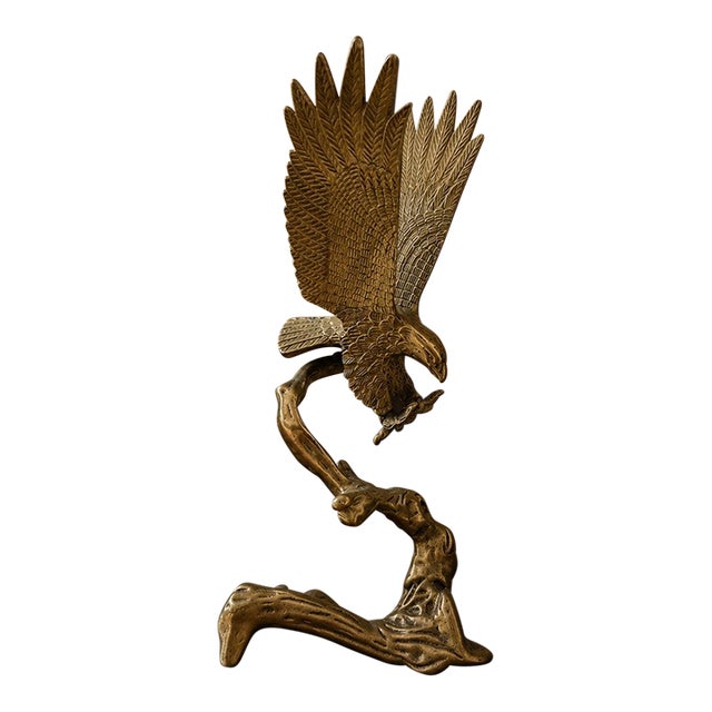 Vintage Brass Eagle Sculpture on Driftwood Base | Mid Century Bald Eagle Figurine | Hollywood Regency Bird Statue | Wildlife Desk Decor For Sale