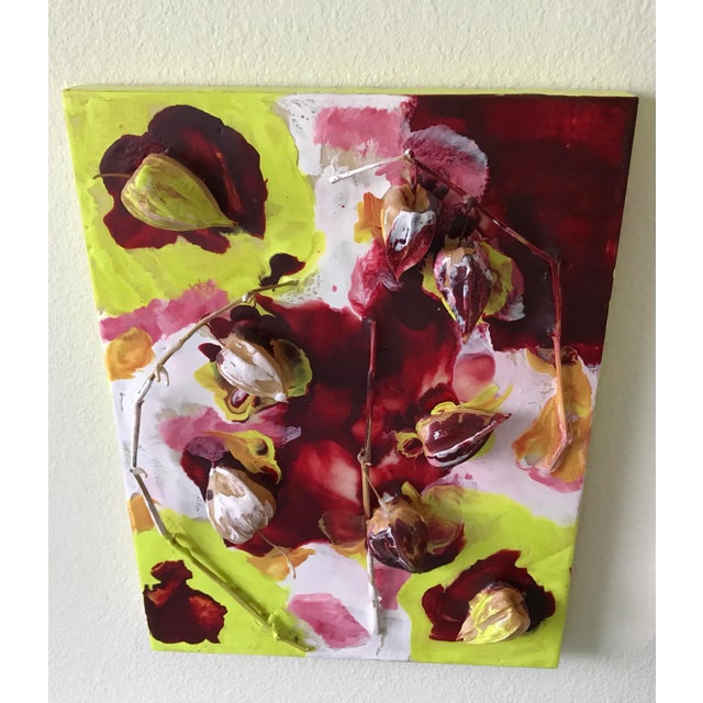 "Chinese Lanterns" Contemporary Abstract Botanical Mixed-Media Painting For Sale - Image 4 of 9