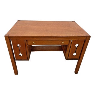 Antique Mission Arts and Crafts Library Desk, Drawer, Tiger Oak, Side Shelves For Sale