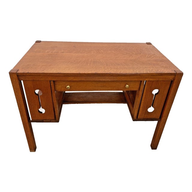Antique Mission Arts and Crafts Library Desk, Drawer, Tiger Oak, Side Shelves For Sale