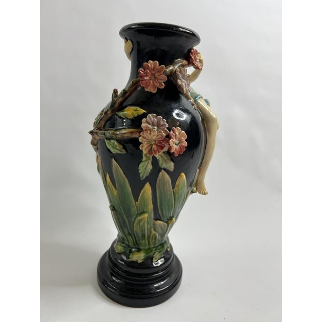 Art Nouveau Barbotine Vase with Female Figure in Relief from GL Lorraine, France, 1900s For Sale - Image 6 of 11