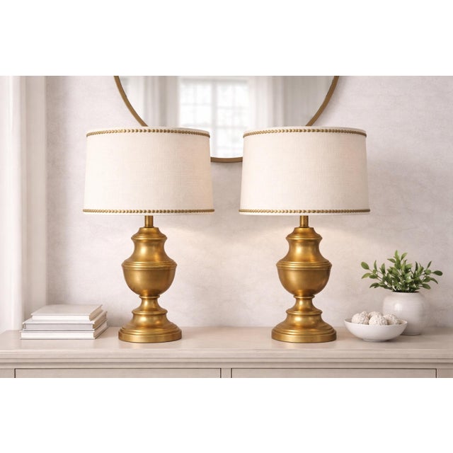 Vintage Solid Brass Table Lamps With Nailhead Linen Shades - a Pair For Sale - Image 4 of 5