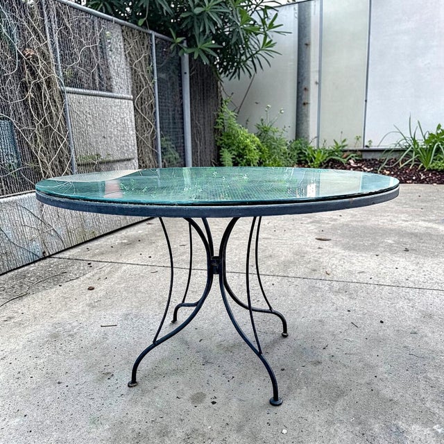 1970s Mid-Century Modern Woodard Style Black Wrought Iron Mesh and Glass Patio Dining Table For Sale In Palm Springs - Image 6 of 6