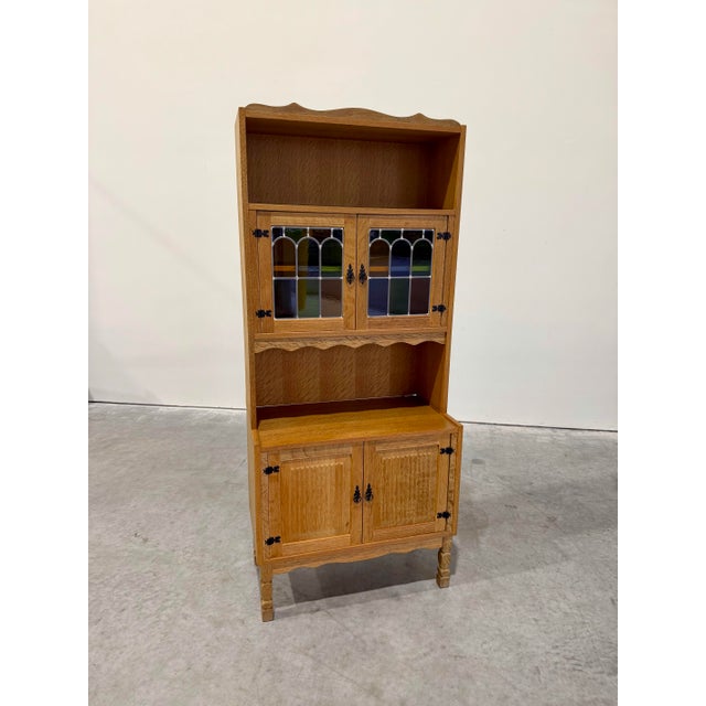1970s Mid Century Danish Oak Henning Kjaernulf Style Stained Glass Bookcase Cabinet For Sale - Image 5 of 5