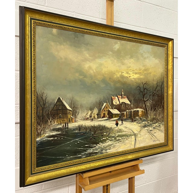 European Village in Winter Snow with Figures & Frozen Pond by German Artist 1972 For Sale - Image 12 of 18