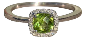 The Brickle: Ladies Checkerboard Cut Peridot and Diamond Halo Ring in White Gold