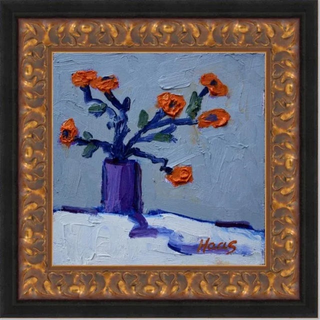 Wood Still Life With Orange Flowers in Purple Vase Oil Painting For Sale - Image 7 of 7