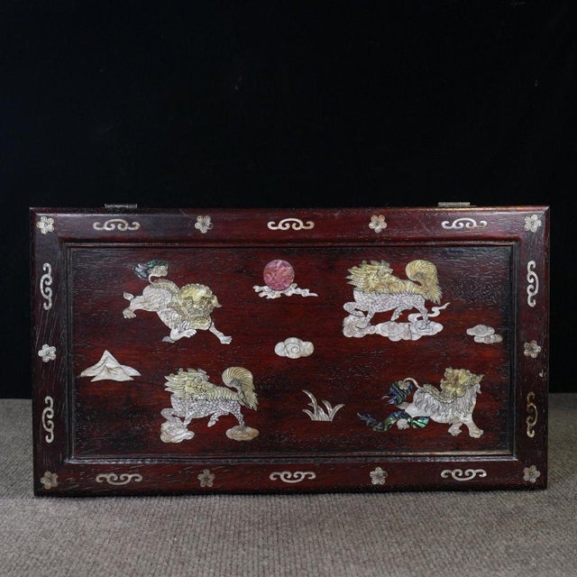 Late 20th Century Zitan Wood Box Inlaid With Mother-of-Pearl Lion Motif For Sale - Image 5 of 9