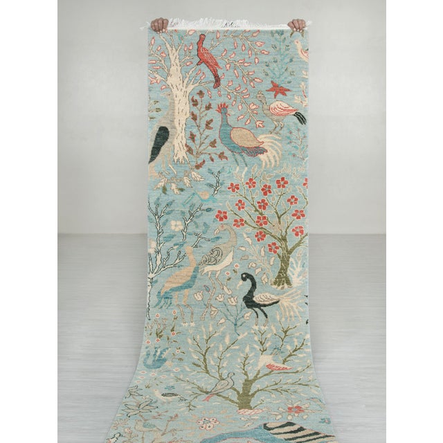 2.6x12ft. Light Blue Peacock Bird Garden Hand Knotted Wool Rug For Sale - Image 11 of 17
