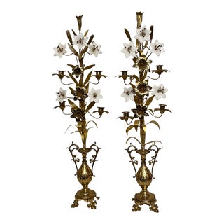 Mid 20th Century Pair of Ecclesiastical Brass and Milk Glass Fraternal Ritual Candlesticks For Sale
