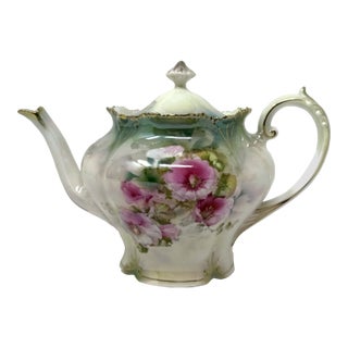 Early 20th Century Rs Prussia Teapot Floral Pink Flowers Gold Trim Marked For Sale