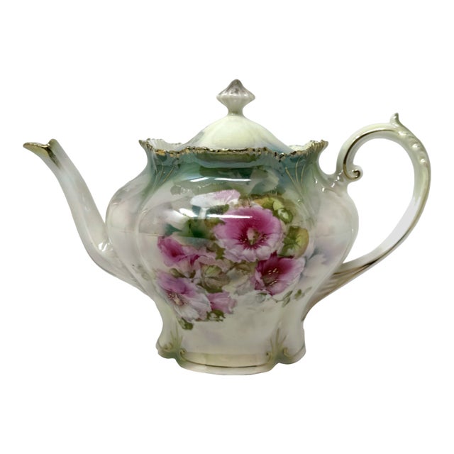 Early 20th Century Rs Prussia Teapot Floral Pink Flowers Gold Trim Marked For Sale