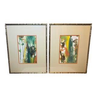 Late 20th Century Artist Signed Water Color Monkey Art -a Pair For Sale