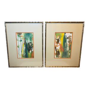 Late 20th Century Artist Signed Water Color Monkey Art -a Pair