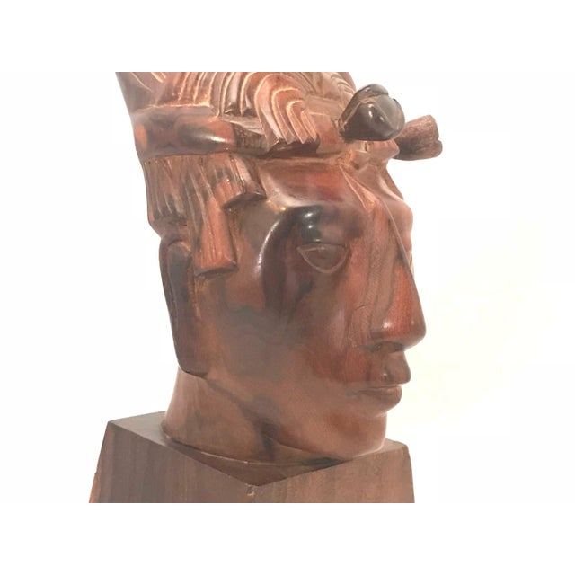 Mid 20th Century Jose Pinal Carved Wood Aztec Bust - Mid Century Modern Sculpture For Sale - Image 6 of 10
