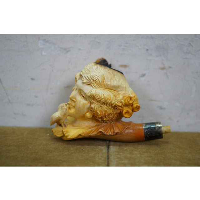 1920s Antique Victorian Carved Meerschaum Lady & Bird Sterling Silver Collar Pipe For Sale - Image 5 of 14