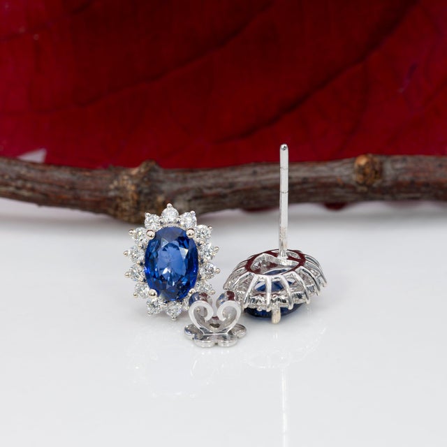 1.8Ct Ceylon Blue Sapphire Earrings With Diamond Accents: Solid 14k Gold, 7x5mm, Pair For Sale In Columbus - Image 6 of 7