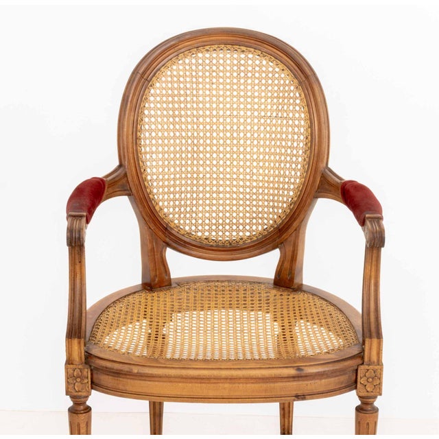 Pair of Louis XVI Style Red Velvet Upholstered Cane Paneled Walnut Fauteuils For Sale - Image 9 of 13