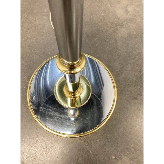Chrome Modernist Faux Bamboo Chrome & Brass Floor Lamp With Glass Tray Table in Mastercraft For Sale - Image 8 of 13