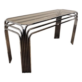 Art Deco Inspired 1970's Chrome and Smoked Glass Console Table For Sale