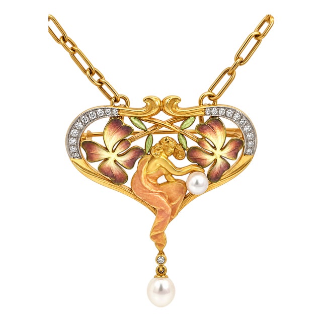 1980s Masriera Art Nouveau 18ct Gold Plique-À-Jour Pendant Necklace For Sale