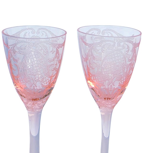 1920s 1929 Cambridge Glass Pink Etched Cordial Glasses, Etch 740, Set of 5 For Sale - Image 5 of 13