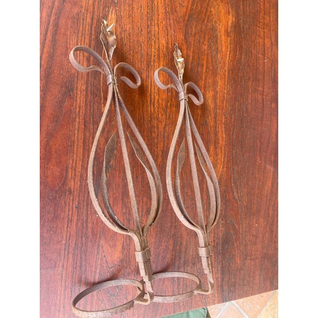 Antique Spanish Handmade Wrought Iron Pot Hanger Wall Sconces Pair 18" H 4"d For Sale - Image 4 of 4