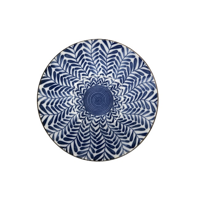 Blue Japanese Hand Painted Blue & White Porcelain Soup Bowls With Botanical Leaf Pattern - Set of 6 For Sale - Image 8 of 10