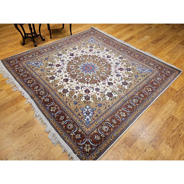 19th Century Vintage Persian Tabriz Square Area Rug, Hand-Knotted Wool & Silk, Fine Medallion Floral Pattern, Ivory & Brown, 7x7 For Sale - Image 5 of 16