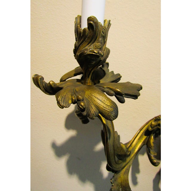 Metal Antique Pair French 19th Century Louis XV Gilt Bronze Two Light Wall Sconces For Sale - Image 7 of 18