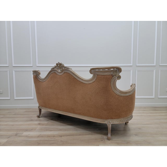 Vintage French Rococo Sofa – Tufted Louis XV Style Couch in Textured Linen Fabric, Ornate Carved Wood Settee, Warm Terracotta For Sale In Miami - Image 6 of 11