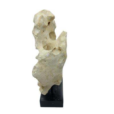 Natural coral stone from Indonesia with a sandy hue, displayed on a handcrafted teak stand. Its organic texture and warm...