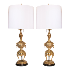 C. 1950s Very Tall Japanese Brass Table Lamps With Silk Shades - A Pair
