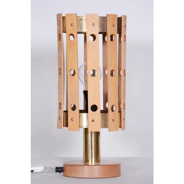 Brown Mid-Century Table Lamp in Beech, Brass attributed to Pokrok Zilina, Slovakia, 1960s For Sale - Image 8 of 8