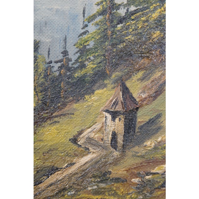 Early 20th Century Vintage Eduard Enzmann Alpine Church Landscape Oil Painting on Board 20" For Sale - Image 5 of 10