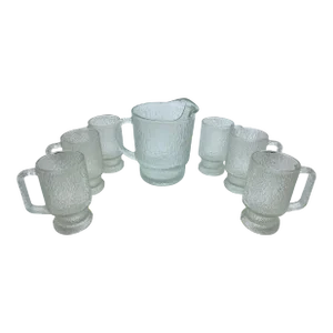 Mid Century Vintage Glass Pitcher and Cup Set- a Set of 7
